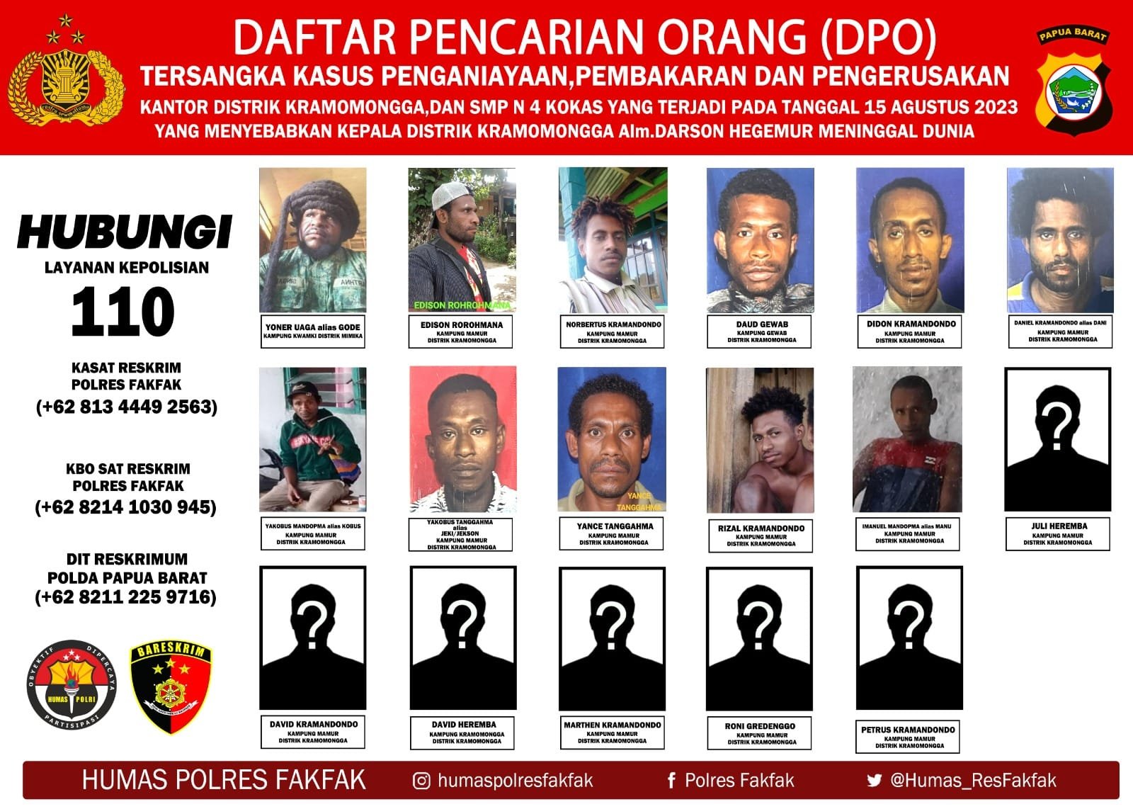 Polres Fakfak Sebarkan Foto DPO Penyerangan Penganiayaan dan Pembakaran di Kramongmonga