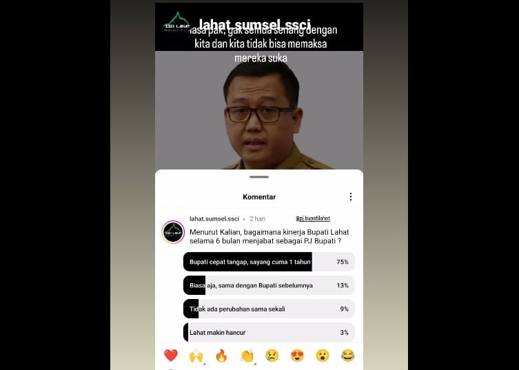 Polling Hasil Kinerja Pj Bupati Lahat, 75 Persen Cepat Tanggap