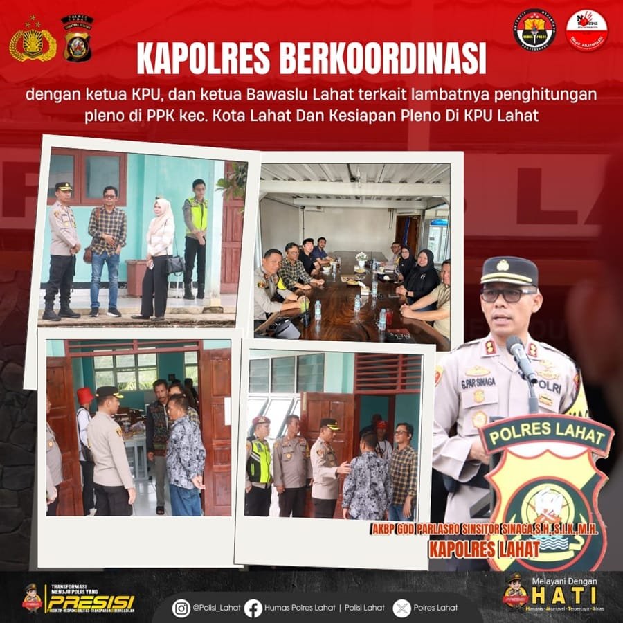 Kapolres Lahat Berkoordinasi dengan KPU dan Bawaslu Terkait Proses Pleno di PPK dan Rencana Pelaksanaan Pleno di KPU Lahat