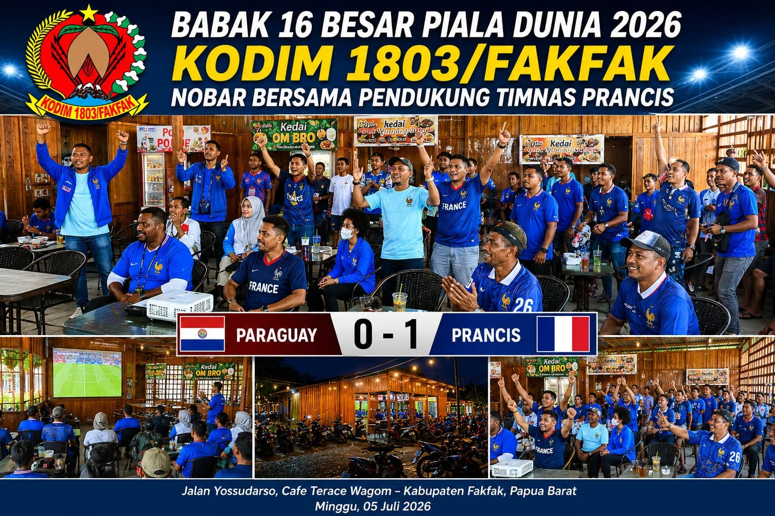 Sorak Pendukung Pecah! Kodim 1803/Fakfak Nobar Kemenangan Prancis di Babak 16 Besar Piala Dunia 2026