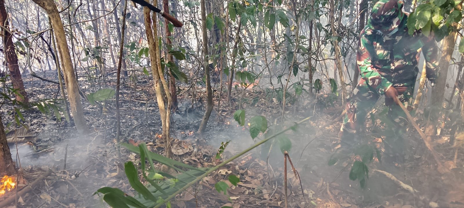Tanggap Bencana, Babinsa Koramil Karas Turun Langsung Padamkan Karhutla di Malakuli