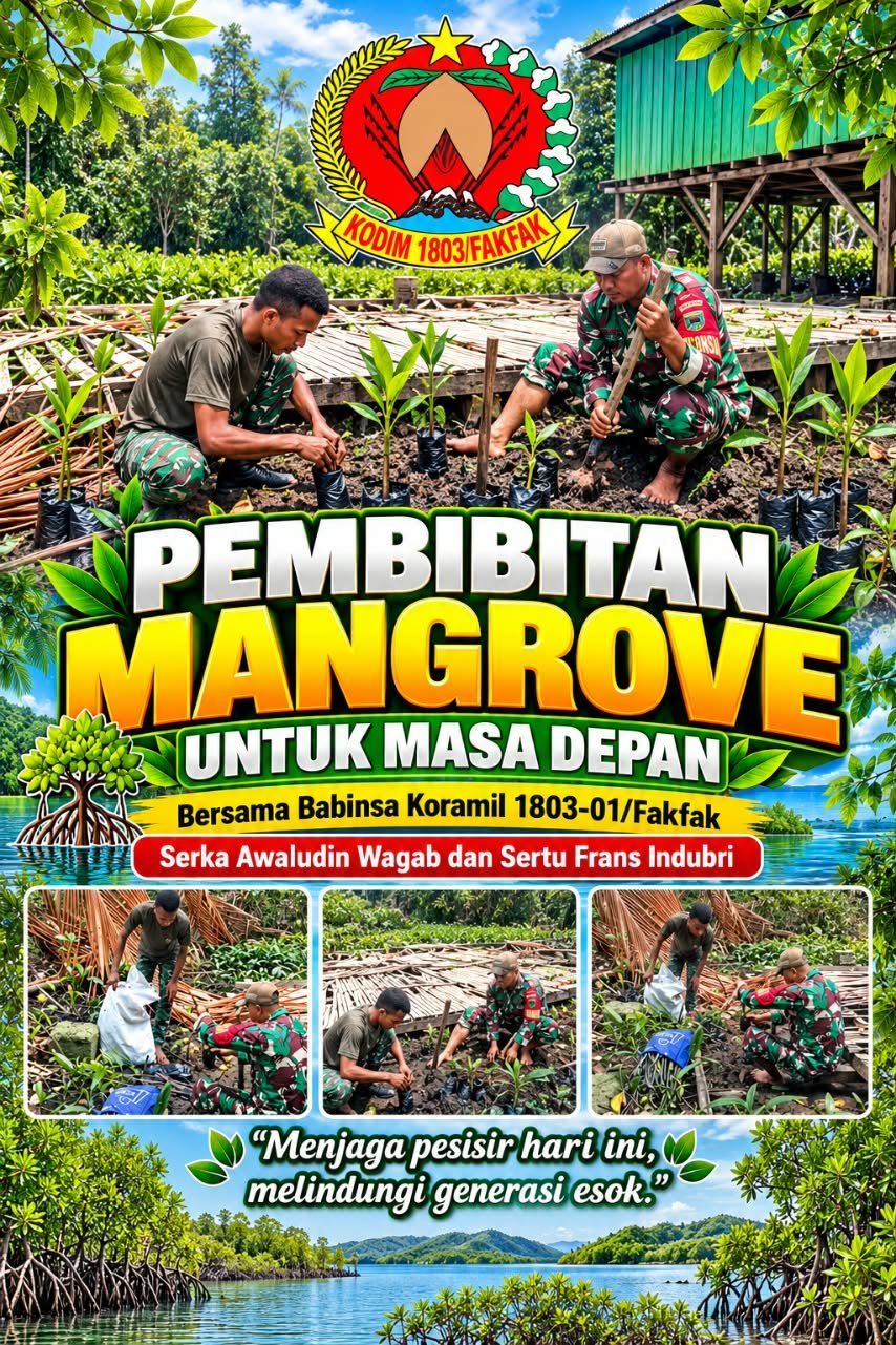 Lestarikan Lingkungan, Babinsa Kodim 1803/Fakfak Laksanakan Pengokeran Bibit Mangrove Di Kampung Air Besar