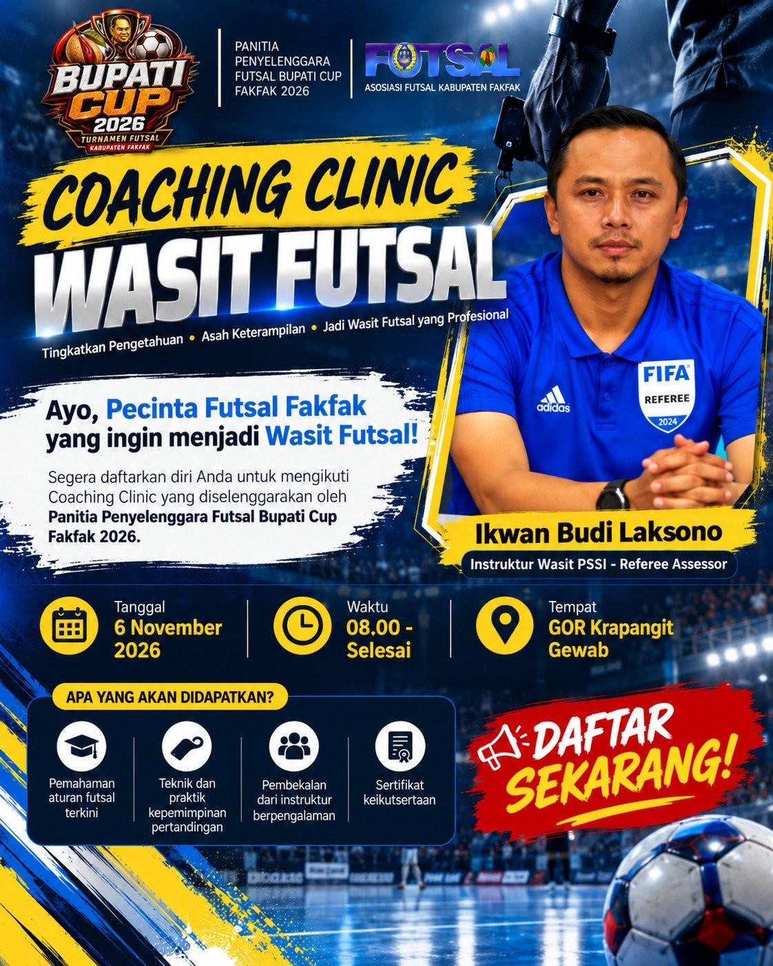 Menuju Perwasitan Profesional, Fakfak Gelar Coaching Clinic Wasit Futsal di GOR Krapangit Gewab